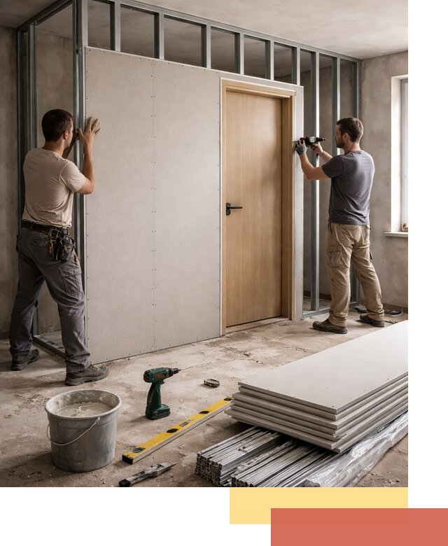 Перегородка из гипсокартона с дверью под ключ в Лангепасе