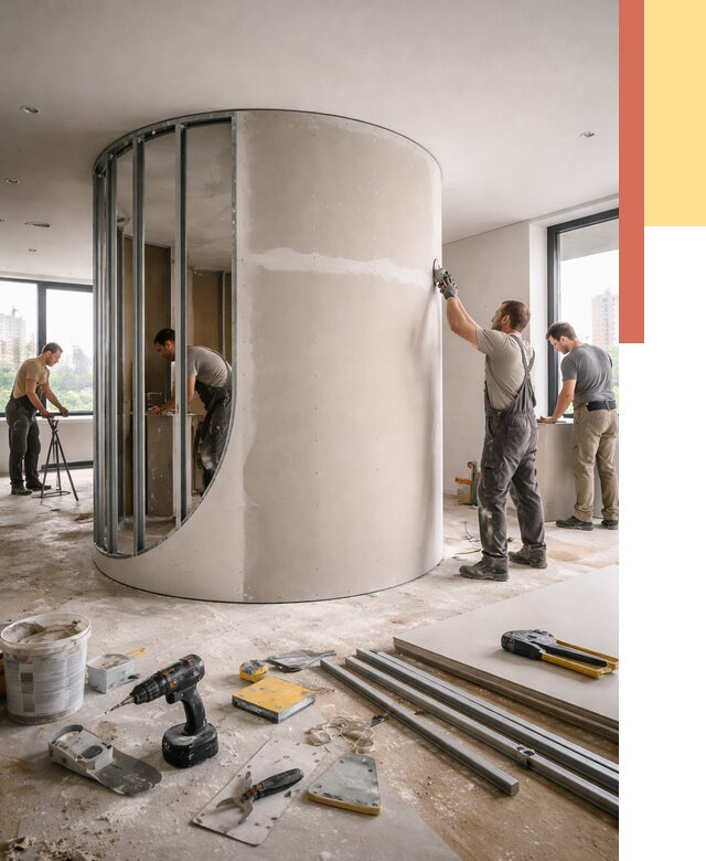 Радиусная перегородка из гипсокартона в Лангепасе от 2929 руб. под ключ | ОТДЕЛОЧНИК-Лнг