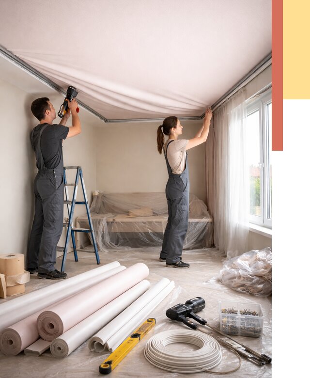 Монтаж цветного натяжного потолка в Лангепасе от 4242 руб/м² — быстро и недорого | ОТДЕЛОЧНИК-Лнг