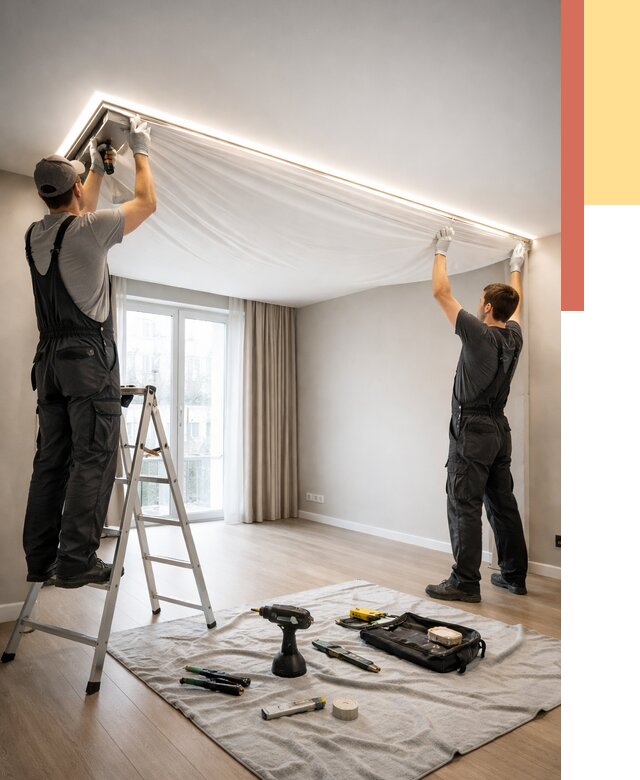 Монтаж парящего натяжного потолка в Лангепасе от 4545 руб. быстро и недорого | ОТДЕЛОЧНИК-Лнг