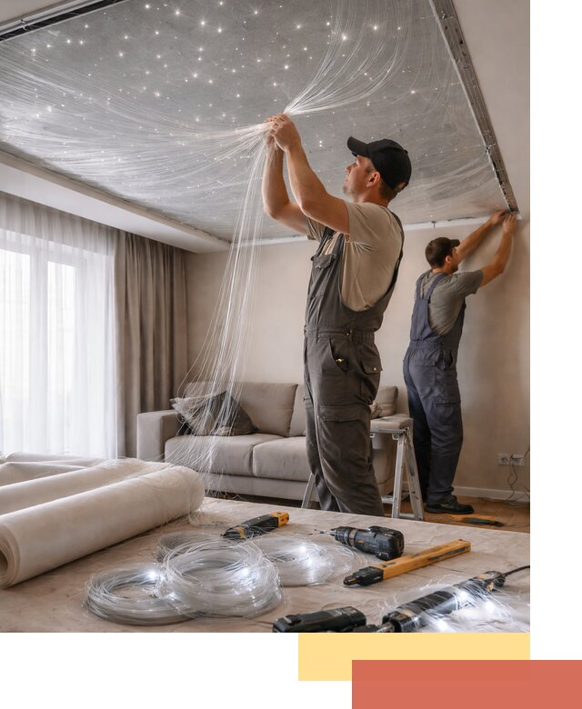 Монтаж натяжного потолка «Звездное небо» в Лангепасе