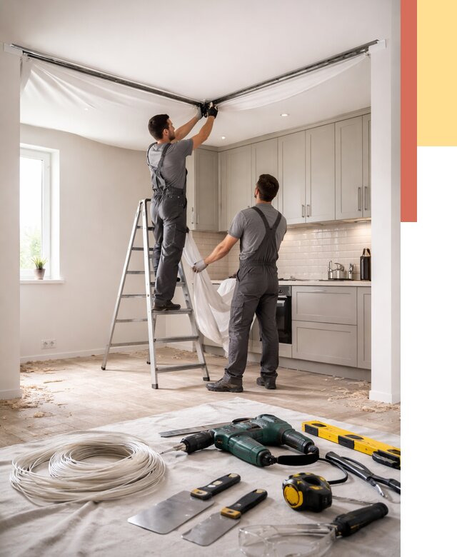 Установка натяжного потолка на кухне в Лангепасе от 2424 руб. | ОТДЕЛОЧНИК-Лнг