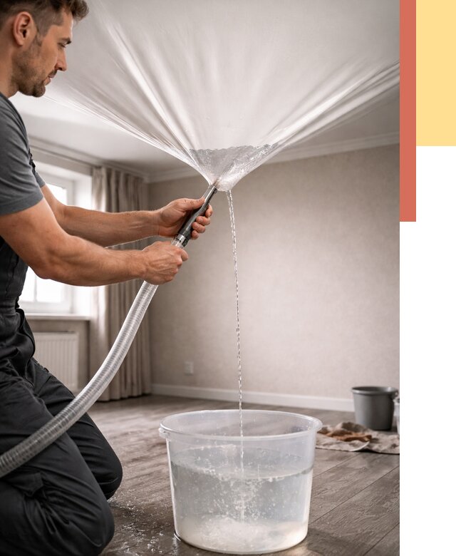 Слив воды с натяжного потолка в Лангепасе от 2525 руб. быстро и недорого | ОТДЕЛОЧНИК-Лнг